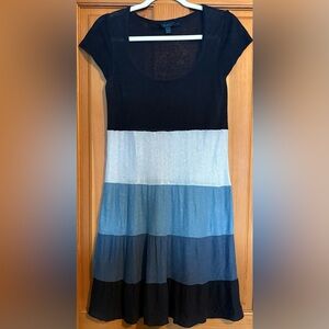 Boden Color-block A-line Stretchy Knit Linen Dress w Cap Sleeves n Blues & White